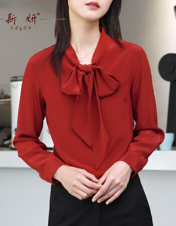 斯妍真丝衬衫女长袖08春夏新款桑蚕丝上衣欧美时尚蝴蝶结飘带红衬衣