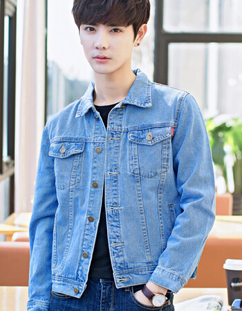 男士大码韩版休闲帅气夹克男修身青年短款牛仔上衣服潮流 988浅蓝色