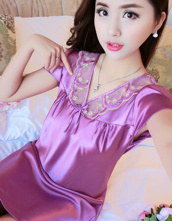 短袖仿 真丝睡裙性感吊带睡裙冰丝绸睡衣家居服春夏薄款 蕾丝紫色睡裙