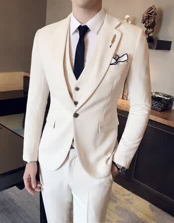 花花公子 2017秋冬英伦绅士男士一粒扣西服套装两件套婚礼服西装 白色