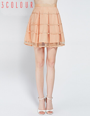 三彩新款夏装工字褶透视网眼外层纯色百搭针织短裙s142331 咖啡 28