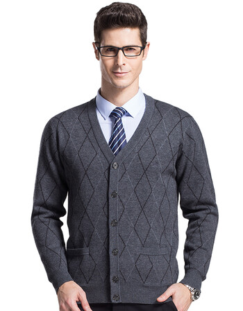 恒源祥羊毛衫秋冬款中老年男士纯羊毛衣加厚爸爸装v领开衫针织衫 中灰