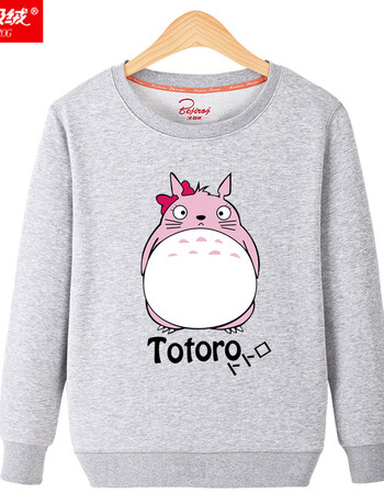中学生春秋装卡通动漫外套宽松套头衫上衣圆领女款衣服 灰色-龙猫-女