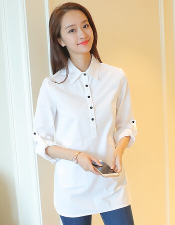 白衬衫女长袖宽松中长款2018春装新款纯棉韩版百搭休闲打底衬衫寸