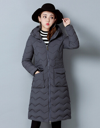 2017新款冬装棉衣 韩版修身过膝大口袋中长款棉服外套 女 灰色 m