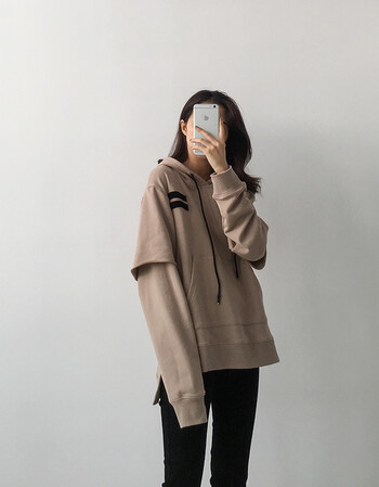 娅洛尔假两件效果的长袖连帽卫衣宽松女款秋冬外套 卡其色 m