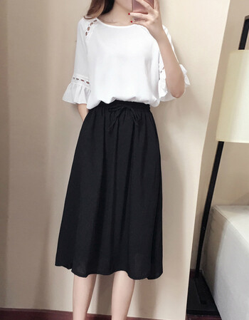 夏季新款韩版五分袖雪纺衫两件套时尚纯色修身显瘦套装中长裙 黑色 l