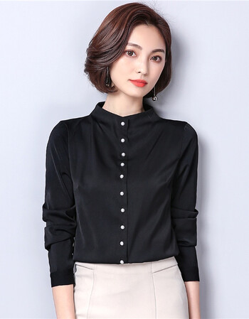 春装新款韩版上衣修身纯色立领打底衫ol职业衬衫女长袖雪纺衫 黑色 xl