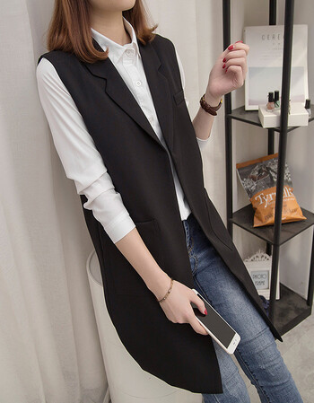 西装马甲女2018春季新款韩版修身无袖背心马夹中长款 黑色 m