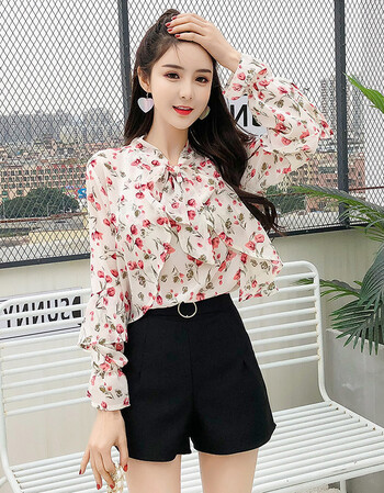 夏尔维纳雪纺衬衫小碎花2018春季新款长袖田园小清新荷叶边甜美花衬衣