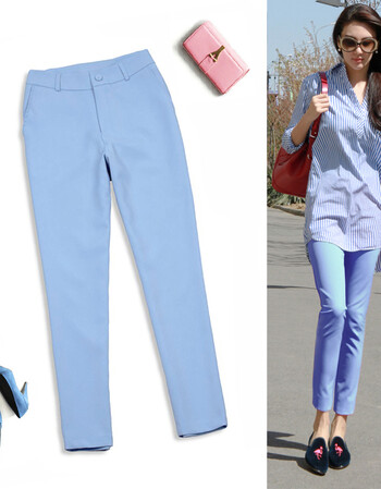 夏尔维纳18春装新款女裤职业西装九分裤 修身包臀女西裤小脚裤浅蓝色