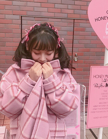 粉色格子森系扣日系原宿风宽松中长款毛呢子茧型大衣外套少女 粉格