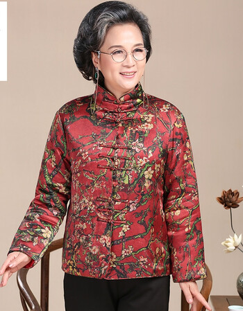 斯妍桑蚕丝绸缎唐装女冬装对襟夹袄老婆婆小棉袄中老年人中国风棉服装