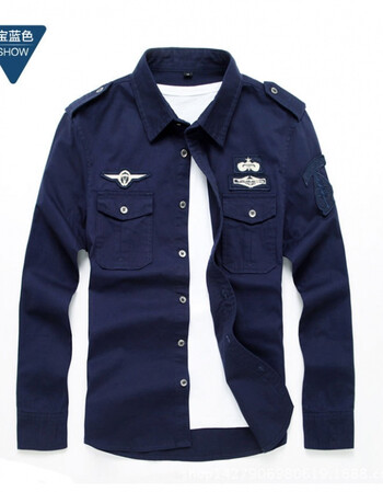 春秋棉长袖衬衫军装休闲水洗户外男士衬衣 藏蓝色 xxl