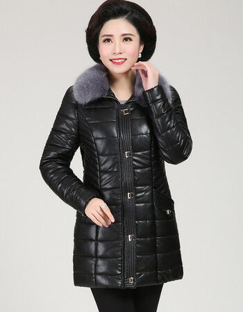 妈妈皮棉袄新款毛领加厚pu皮羽绒棉服大码中老年婆婆棉衣 黑色 l