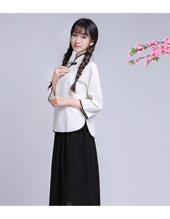 民国学生装女五四青年装女民国女装毕业照服装班服 白色棉麻长款(上衣
