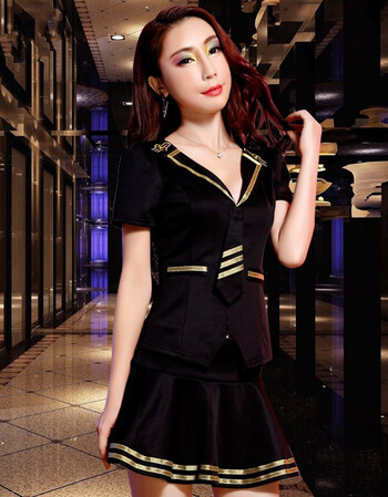 玛西威夫显瘦场佳丽小姐迎宾制服诱惑ktv公主空姐装按摩显胸套装 黑色