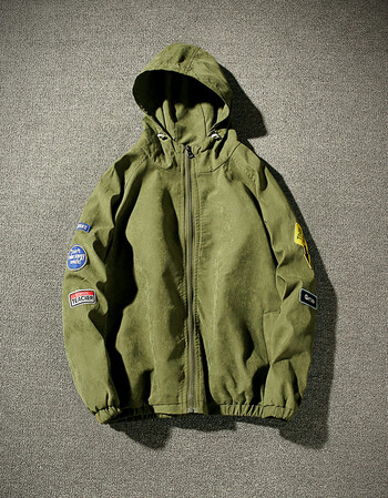 新款连帽夹克男士加肥大码宽松外套韩版宽松学生衣服潮流男装 军绿色