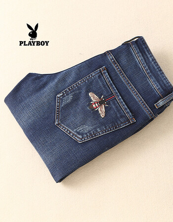 花花公子 2018春夏款新款小蜜蜂刺绣男士牛仔裤 蓝色 30