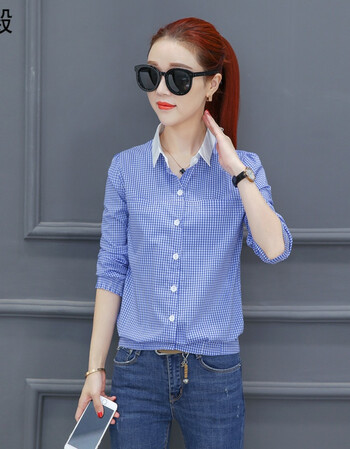 秋装女2017新款长袖格子衬衫韩版条纹百搭衬衣秋季女士职业上衣 蓝