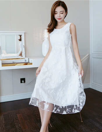 夏尔维纳白色裙子女韩版夏季小个子学生文艺无袖修身蕾丝超仙连衣裙