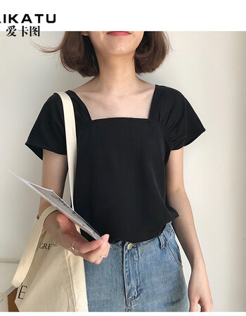 爱卡图 方领半袖t恤女韩版显瘦百搭学生短袖ulzzang上衣女 黑色 均码
