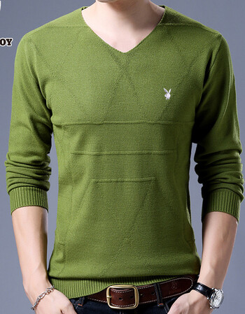 公子t恤男长袖针织打底衫商务修身v领毛衣青年休闲衣服男装潮 绿色