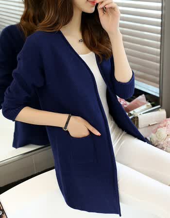 款毛衣开衫女春装新款2018韩版宽松百搭女士针织衫上衣外套潮 深蓝色