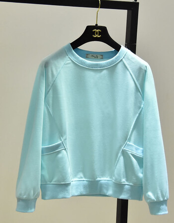 新款韩版宽松短款女学生长袖t恤插肩袖圆领纯色卫衣上衣正品 薄荷色