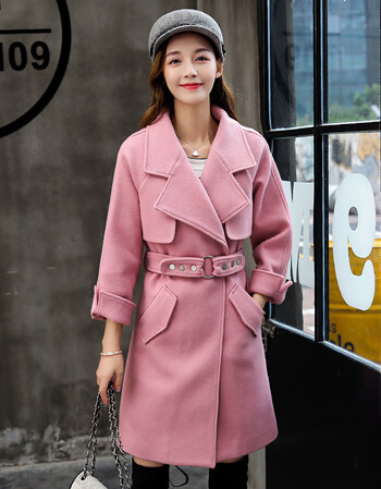 时尚中长毛呢外套秋冬季新款韩版绑带气质女士呢子大衣风衣潮 粉色 m