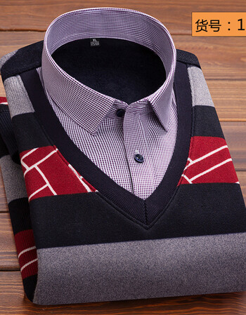冬季新款假两件男士休闲加绒加厚印花保暖衬衫鸡心领长袖衬衫 1815 xl