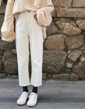 百搭裤口毛边宽松直筒九分裤女高腰显瘦纯色学生牛仔裤潮春夏装 白色