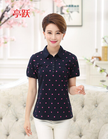 亭跃中老年女短袖夏装新款气质装t恤翻领休闲衫中年女装上衣全棉 藏