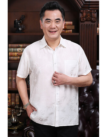真丝短袖衬衫男春夏透气爸爸装竹叶花衬衣宽松休闲中老年男装 乳白色