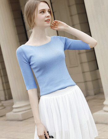 领中袖上衣女春装2018新款针织衫女套头紧修身五分袖打底衫女 天蓝色