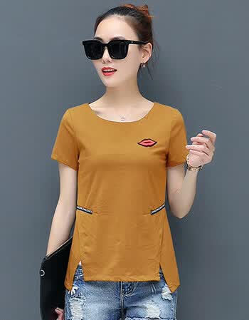 时尚短袖t恤女士2018夏天新款韩版范小打底衫宽松上衣服体恤 卡其色 m