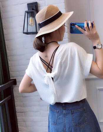 t恤女后背绑带镂空纯色简约宽松显瘦百搭套头短袖韩范版打底上衣 白色