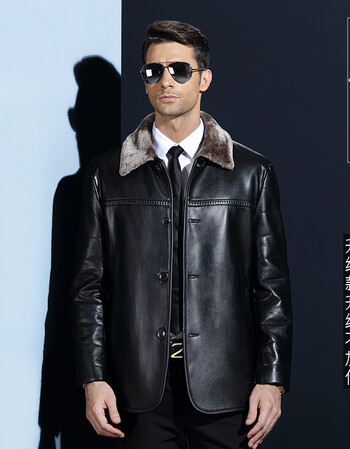 爸爸皮衣男皮毛一体中年人皮夹克中老年男装真皮外套加绒加厚冬季