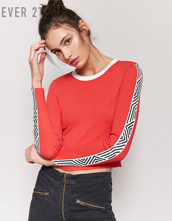 全棉撞色条纹短款长袖t恤上衣女 红色 s