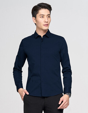 男装2018春夏新款白衬衫男长袖商务休闲职业正装寸衫西装衬衣 黑蓝色