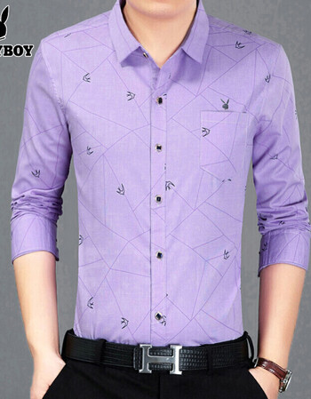 新品休闲商务经典男装衬衣印花线条纯棉男士长袖衬衫冬装 紫色 165/m