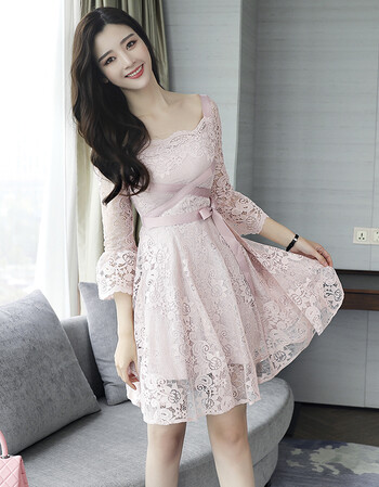 蕾丝连衣裙长袖2017秋冬装欧美气质女神范修身收腰大摆裙子 粉红色 s