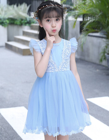夏新款女童连衣裙飞飞袖礼服裙中大童六一舞蹈裙小清新蓬蓬裙 湖蓝色