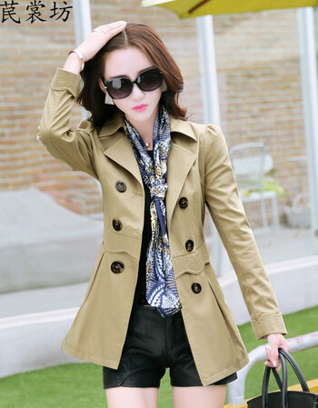 苠裳坊春秋短款风衣外套女款2015秋装新款韩版修身显瘦女士双排扣风衣