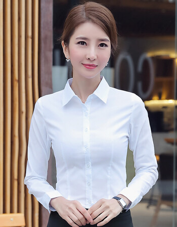 白衬衫女职业长袖修身大码正装显瘦工装气质女士工作服白色衬衣寸v