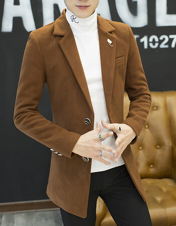 秋冬季妮子外套男士风衣中长款学生韩版修身毛呢大衣男帅气潮 红棕色