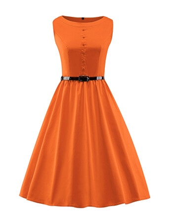 欧美复古加大码胖mm收腰显瘦无袖中长款a字小礼服赫本风连衣裙 橙色 l