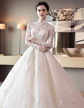 塞巴莉立领婚纱长拖尾2018新款韩式复古长袖大码蕾丝简约齐地新娘礼服