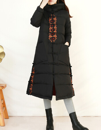 复古文艺刺绣羽绒服女冬中长款过膝中国风盘扣面包服宽松加厚外套