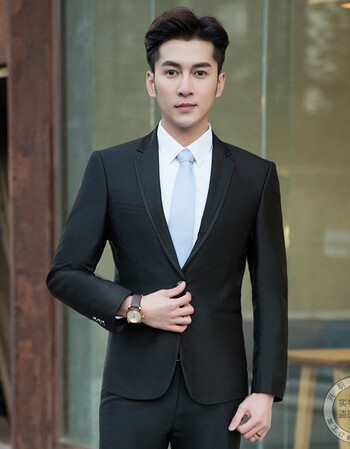 反光高端男士正装商务西装职业工作服黑色光面滑料西服套装男 (男)